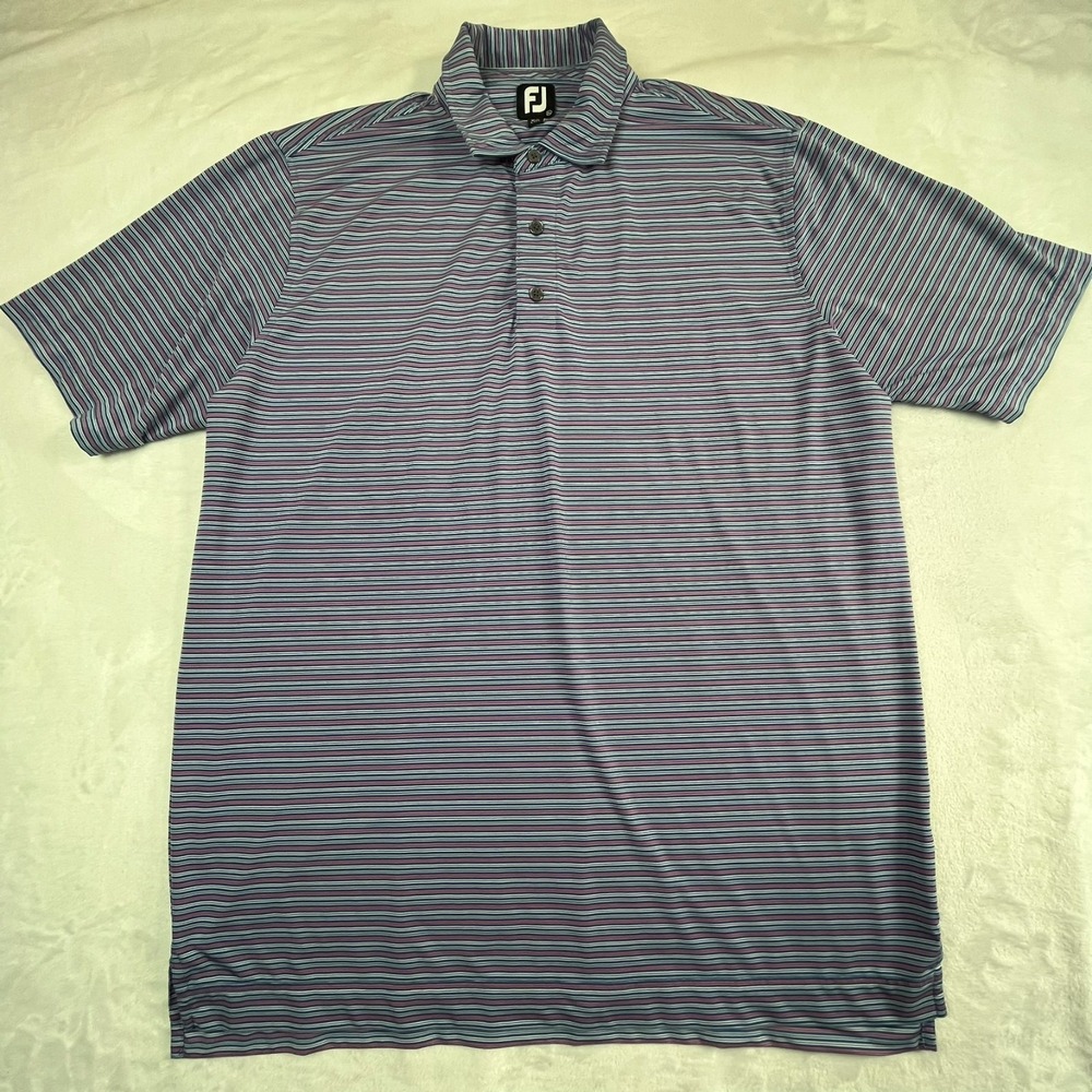 FJ FootJoy Mens XL Polo Shirt Blue Pink Striped Easy Wear - Picture 1 of 9